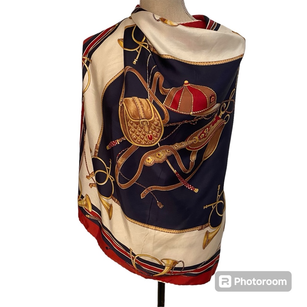 LUCIANO ITALY SCARF SILK SQUARE EQUESTRIAN HORSE RED CREAM BLACK GOLD VINTAGE